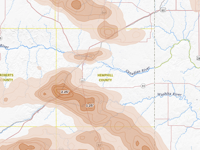 Radar-estimated hail-size map of the storm over Canadian, TX on Jun 25, 2026