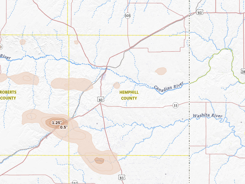 Radar-estimated hail-size map of the storm over Canadian, TX on Jun 26, 2026
