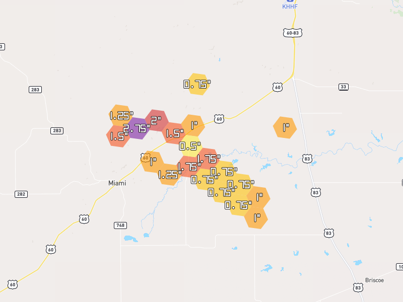 Hail map of Canadian, TX on Jun 26, 2026, hail up to 2.75"