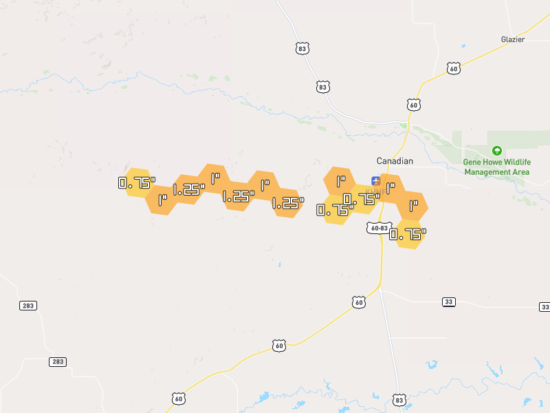 Hail map of Canadian, TX on Jun 27, 2026, hail up to 1.25"