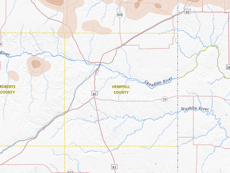 Radar-estimated hail-size map of the storm over Canadian, TX on Jul 4, 2026