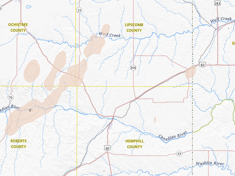 Radar-estimated hail-size map of the storm over Canadian, TX on Aug 14, 2026