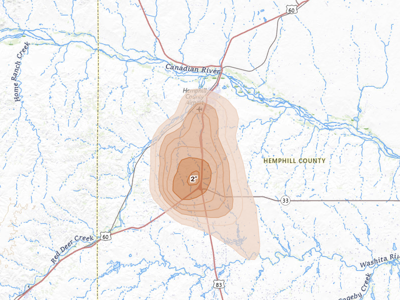 Radar-estimated hail-size map of the storm over Canadian, TX on Aug 25, 2026