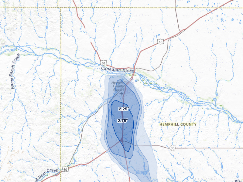 NEXRAD radar-signature map of the hail storm over Canadian, TX on Aug 25, 2026