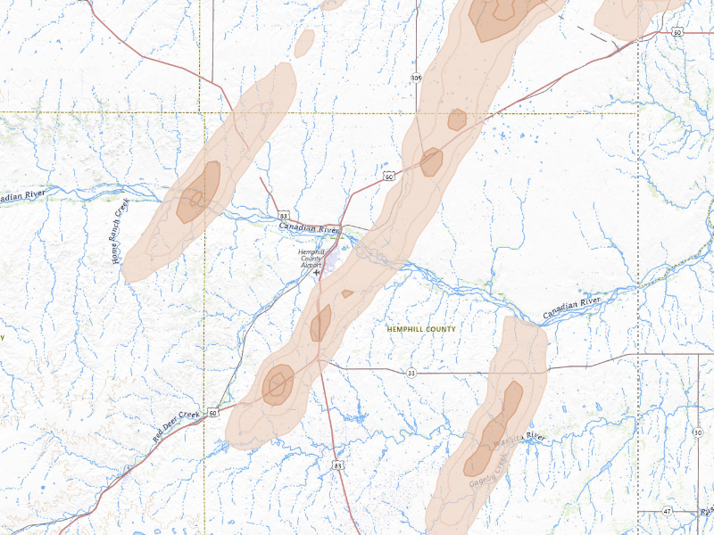 Radar-estimated hail-size map of the storm over Canadian, TX