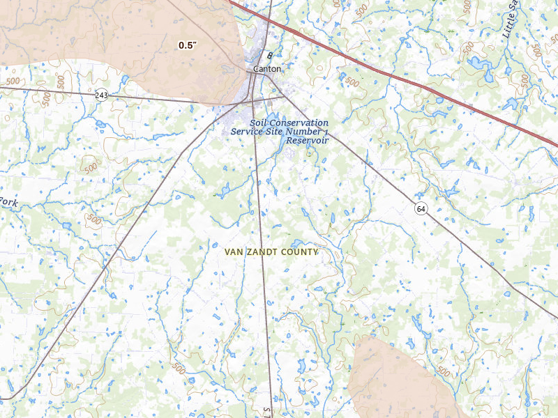 Radar-estimated hail-size map of the storm over Canton, TX on Apr 24, 2026