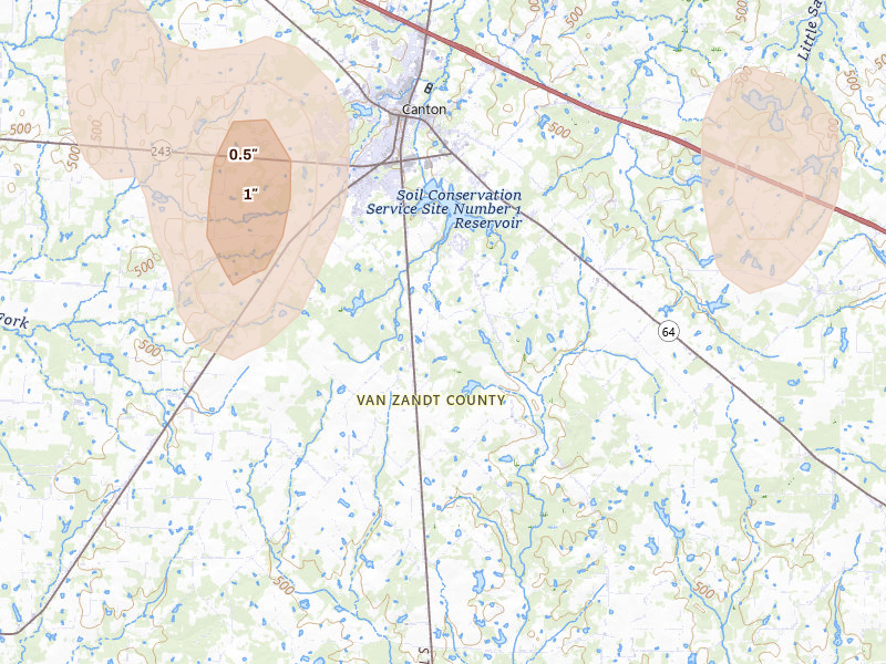 Radar-estimated hail-size map of the storm over Canton, TX on May 22, 2026
