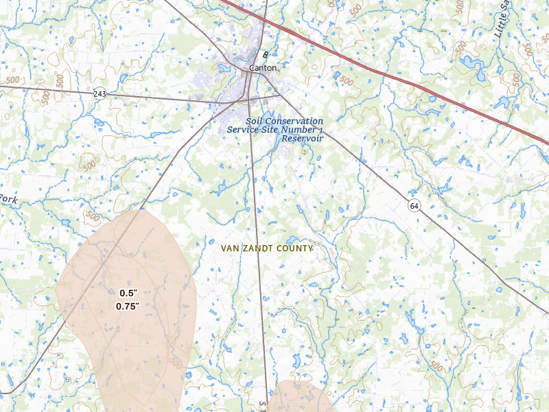 Radar-estimated hail-size map of the storm over Canton, TX