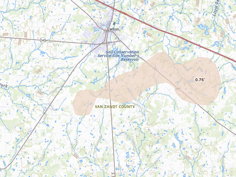 Radar-estimated hail-size map of the storm over Canton, TX on Jun 2, 2026