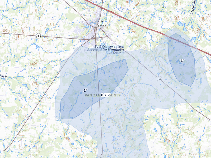 NEXRAD radar-signature map of the hail over Canton, TX
