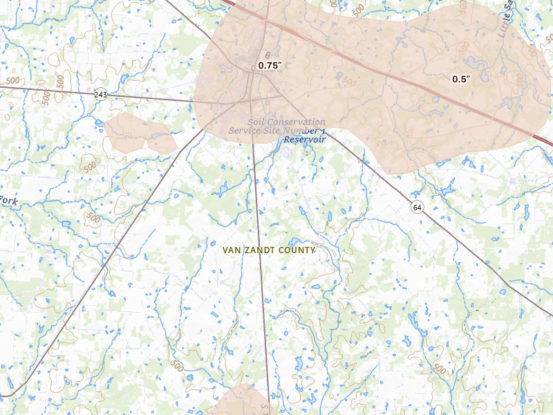 Radar-estimated hail-size map of the storm over Canton, TX on Jul 5, 2026