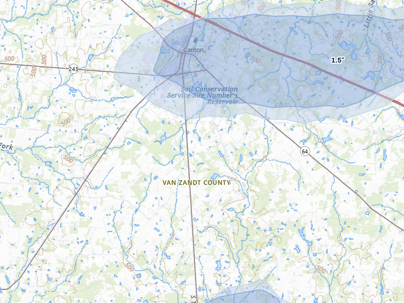NEXRAD radar-signature map of the hail storm over Canton, TX on Jul 5, 2026
