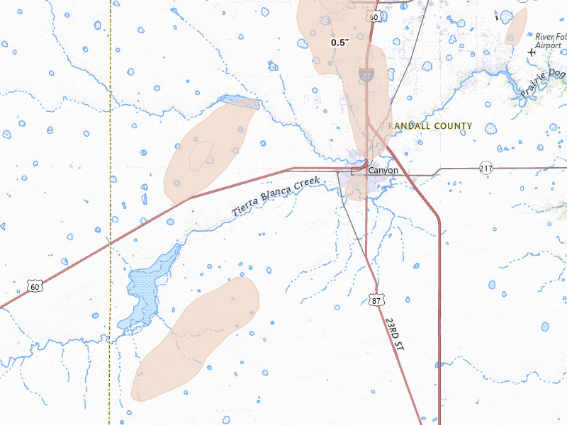 Radar-estimated hail-size map of the storm over Canyon, TX on Mar 3, 2026