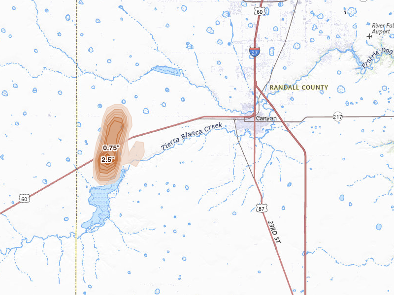 Radar-estimated hail-size map of the storm over Canyon, TX on Apr 28, 2026