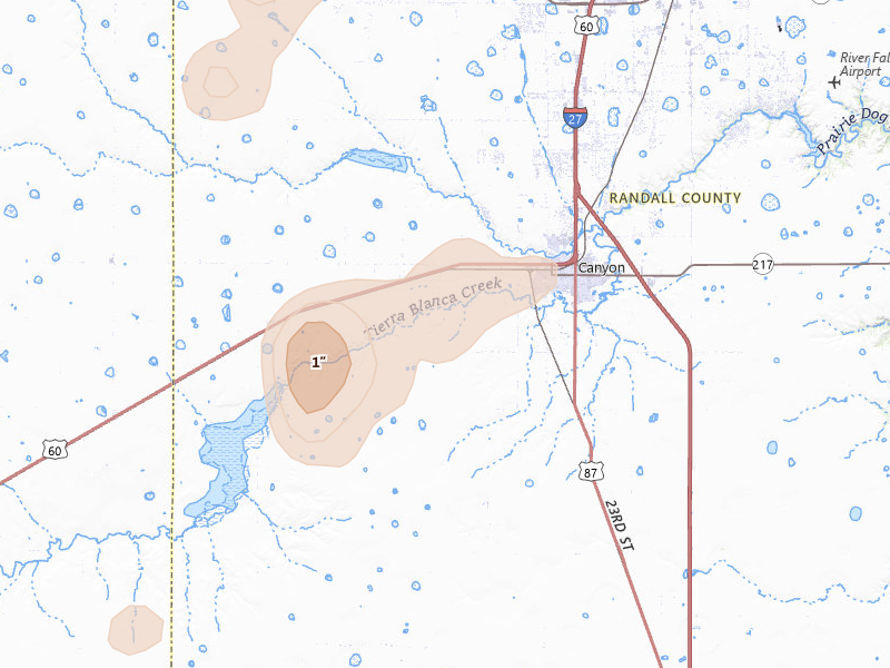 Radar-estimated hail-size map of the storm over Canyon, TX on May 22, 2026