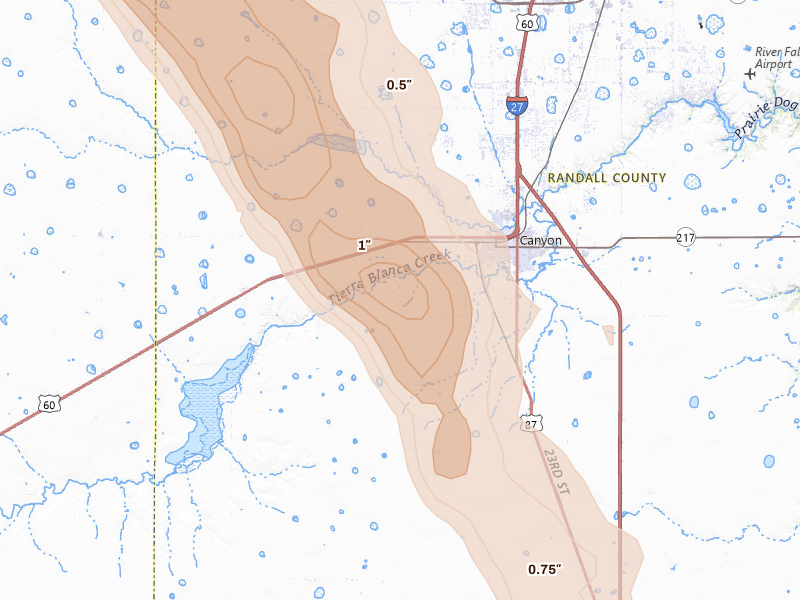 Radar-estimated hail-size map of the storm over Canyon, TX on Jun 23, 2026