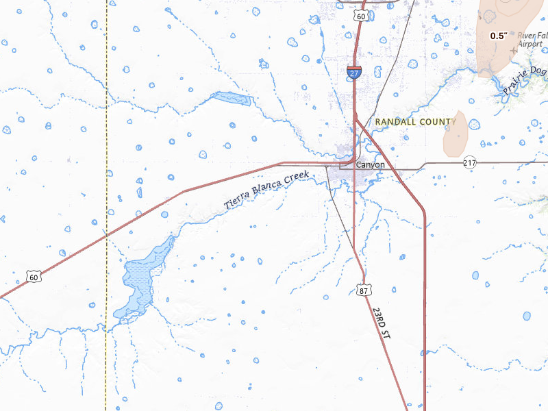 Radar-estimated hail-size map of the storm over Canyon, TX on Jul 1, 2026