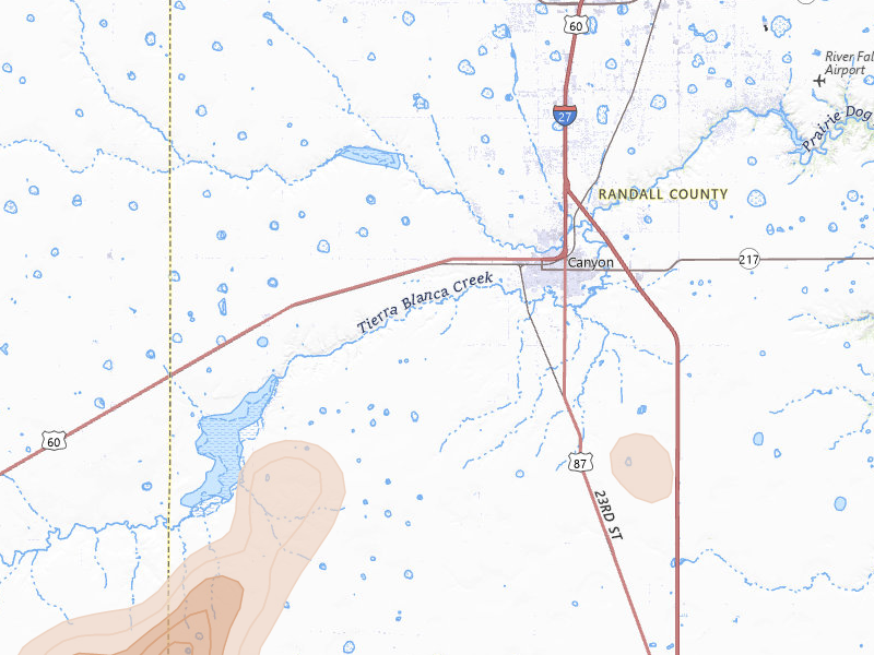 Radar-estimated hail-size map of the storm over Canyon, TX on Jul 4, 2026