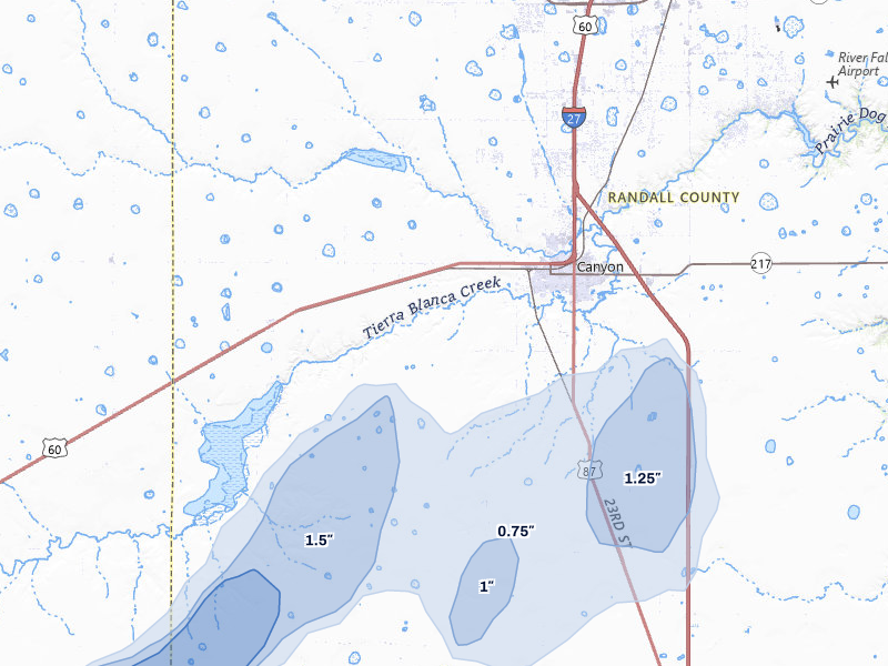 NEXRAD radar-signature map of the hail over Canyon, TX