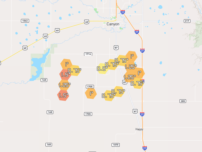Hail map of Canyon, TX on Jul 4, 2026, hail up to 1.5"