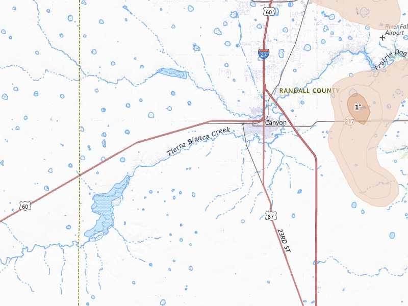 Radar-estimated hail-size map of the storm over Canyon, TX on Jul 12, 2026