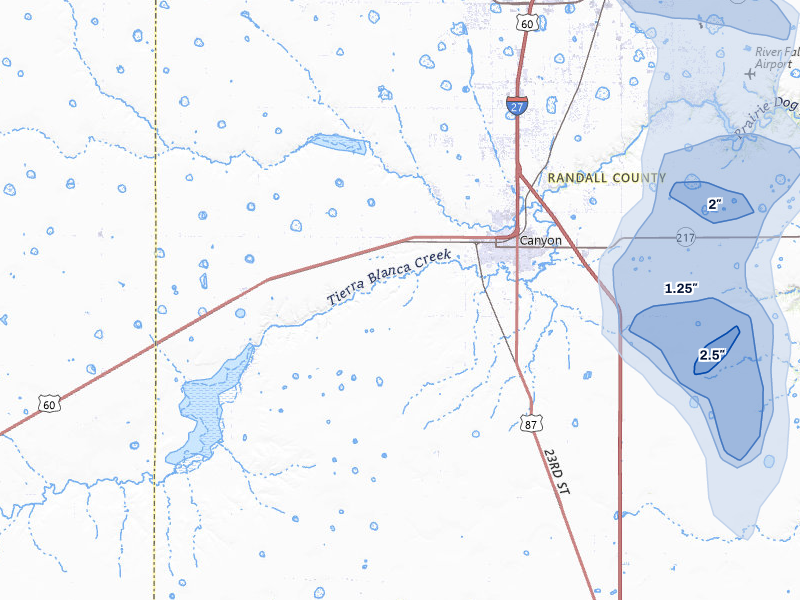 NEXRAD radar-signature map of the hail storm over Canyon, TX on Jul 12, 2026