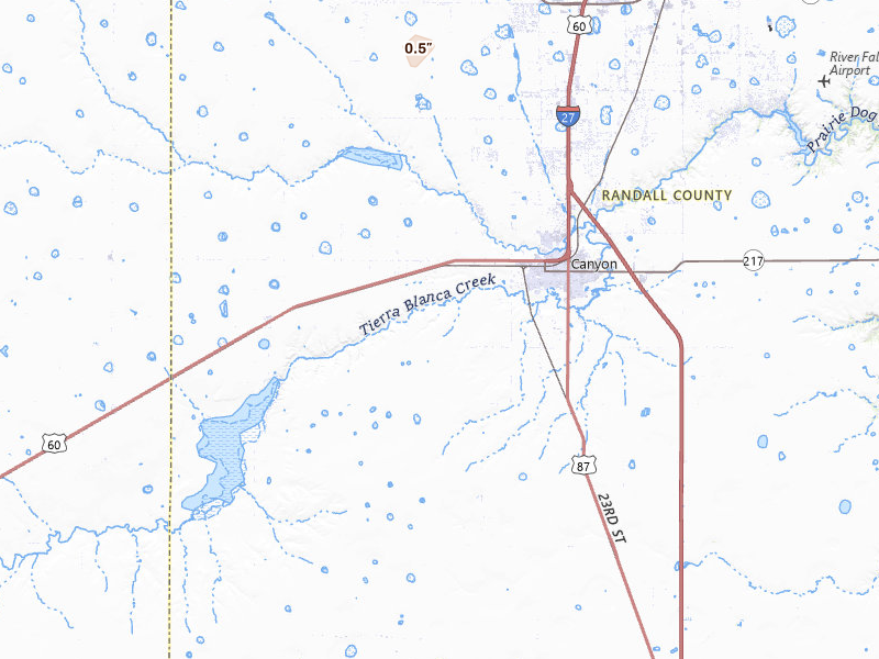 Radar-estimated hail-size map of the storm over Canyon, TX on Jul 24, 2026