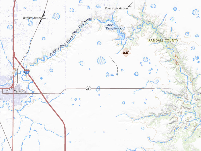 Radar-estimated hail-size map of the storm over Canyon, TX on Aug 6, 2026