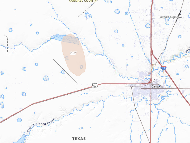 Radar-estimated hail-size map of the storm over Canyon, TX on Aug 20, 2026