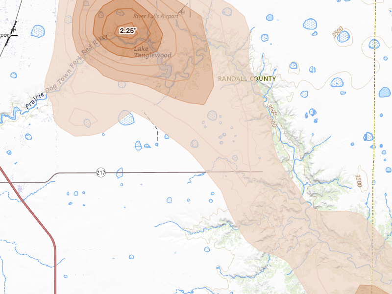 Radar-estimated hail-size map of the storm over Canyon, TX
