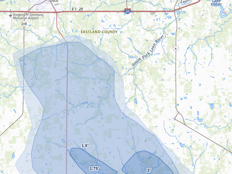 NEXRAD radar-signature map of the hail storm over Carbon, TX on May 10, 2026