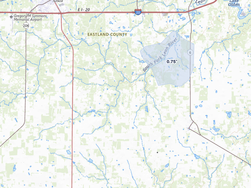 NEXRAD radar-signature map of the hail storm over Carbon, TX on Jul 5, 2026