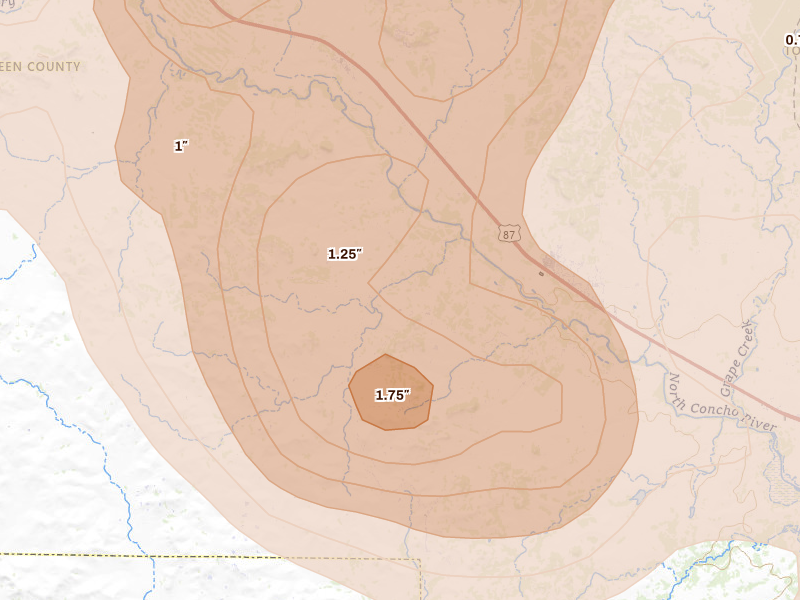 Radar-estimated hail-size map of the storm over Carlsbad, TX on May 10, 2026