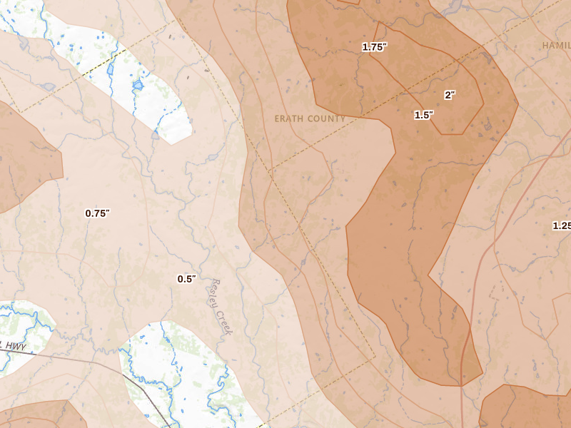 Radar-estimated hail-size map of the storm over Carlton, TX on May 10, 2026