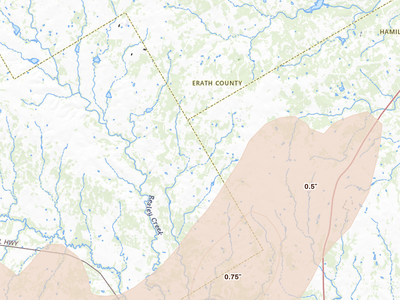 Radar-estimated hail-size map of the storm over Carlton, TX on Jun 6, 2026