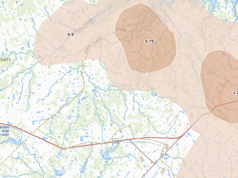 Radar-estimated hail-size map of the storm over Carmine, TX on May 10, 2026