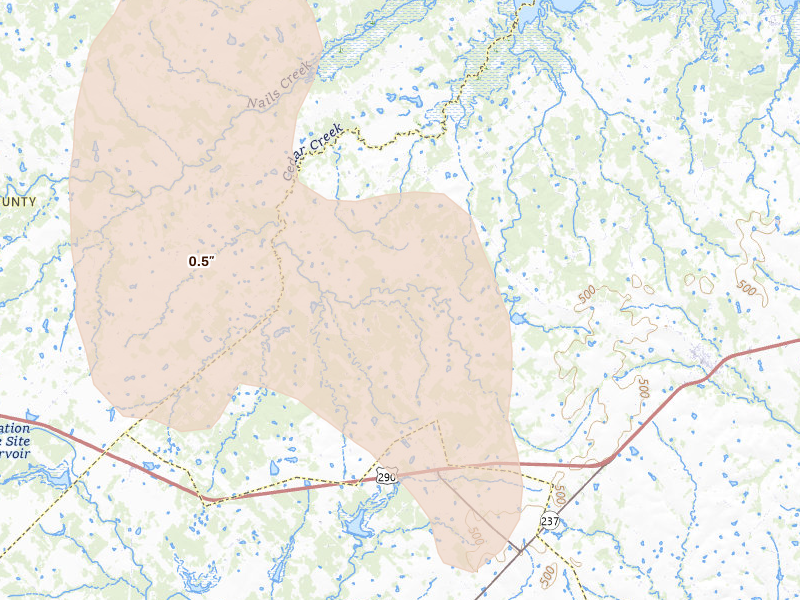 Radar-estimated hail-size map of the storm over Carmine, TX on May 19, 2026