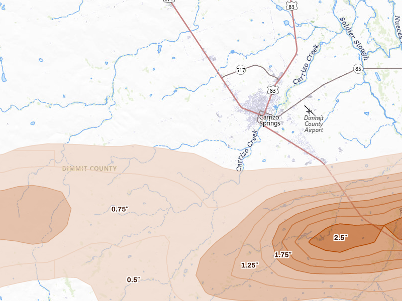 Radar-estimated hail-size map of the storm over Carrizo Springs, TX on Apr 30, 2026