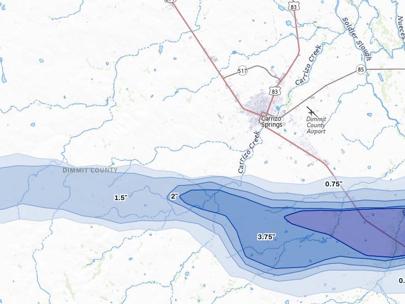 NEXRAD radar-signature map of the hail over Carrizo Springs, TX