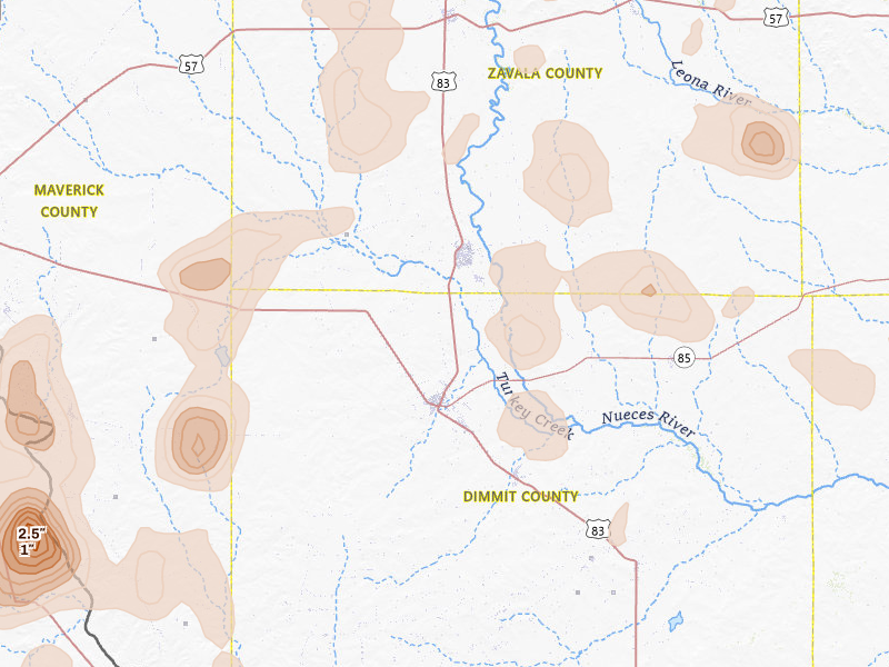 Radar-estimated hail-size map of the storm over Carrizo Springs, TX on May 10, 2026