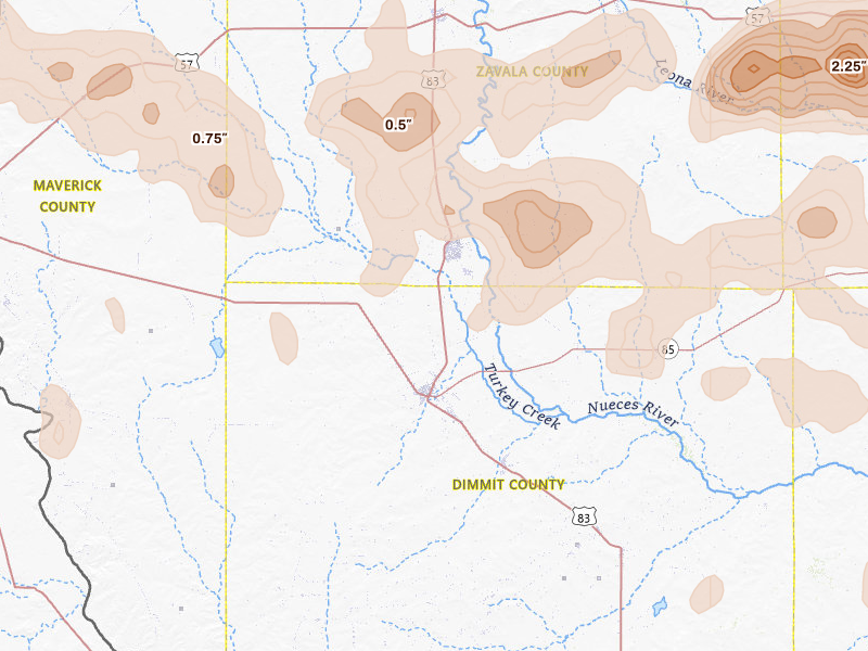 Radar-estimated hail-size map of the storm over Carrizo Springs, TX on May 26, 2026