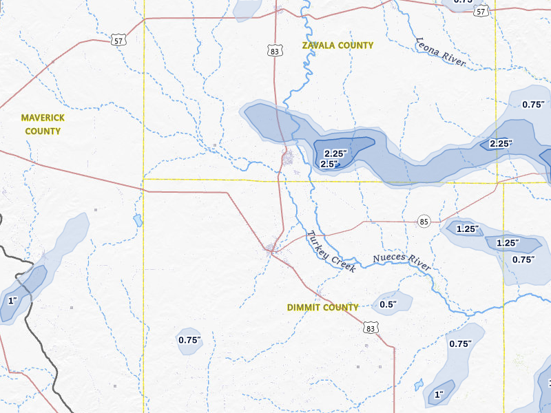 NEXRAD radar-signature map of the hail over Carrizo Springs, TX
