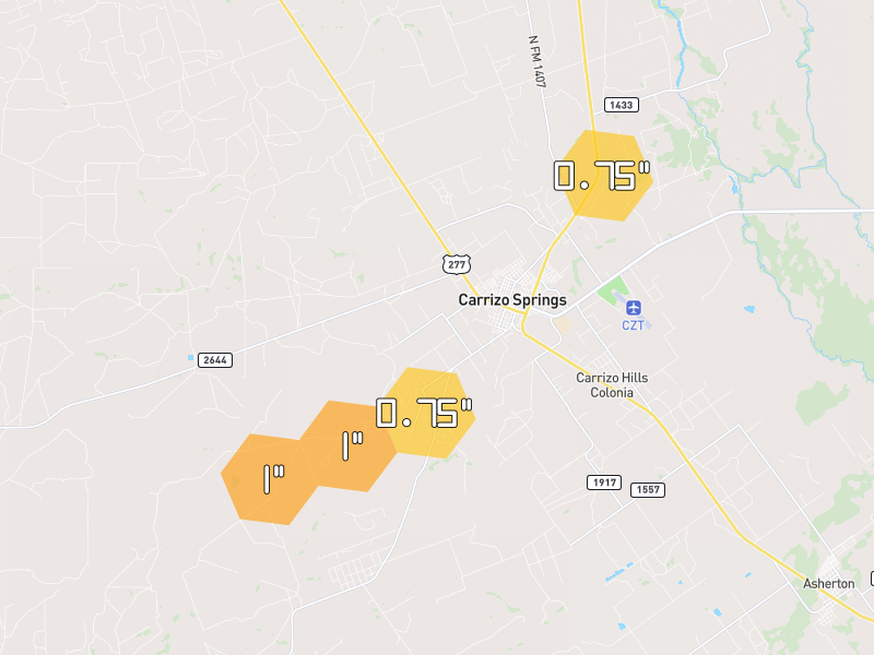 Hail map of Carrizo Springs, TX on Jun 7, 2026, hail up to 1"