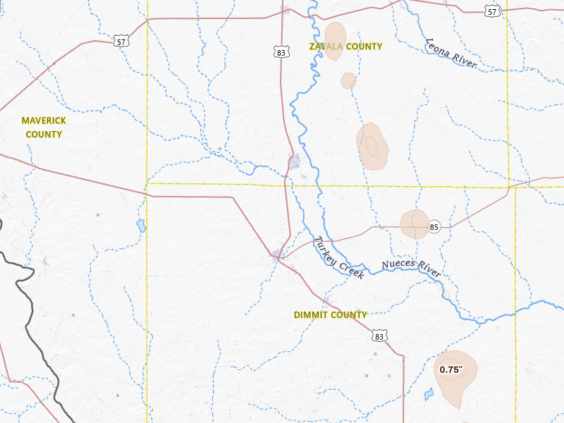 Radar-estimated hail-size map of the storm over Carrizo Springs, TX on Jun 19, 2026