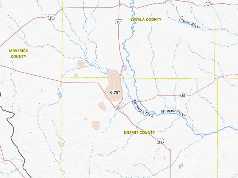 Radar-estimated hail-size map of the storm over Carrizo Springs, TX on Jul 7, 2026