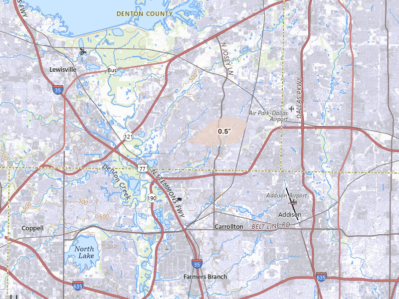 Radar-estimated hail-size map of the storm over Carrollton, TX on May 10, 2026
