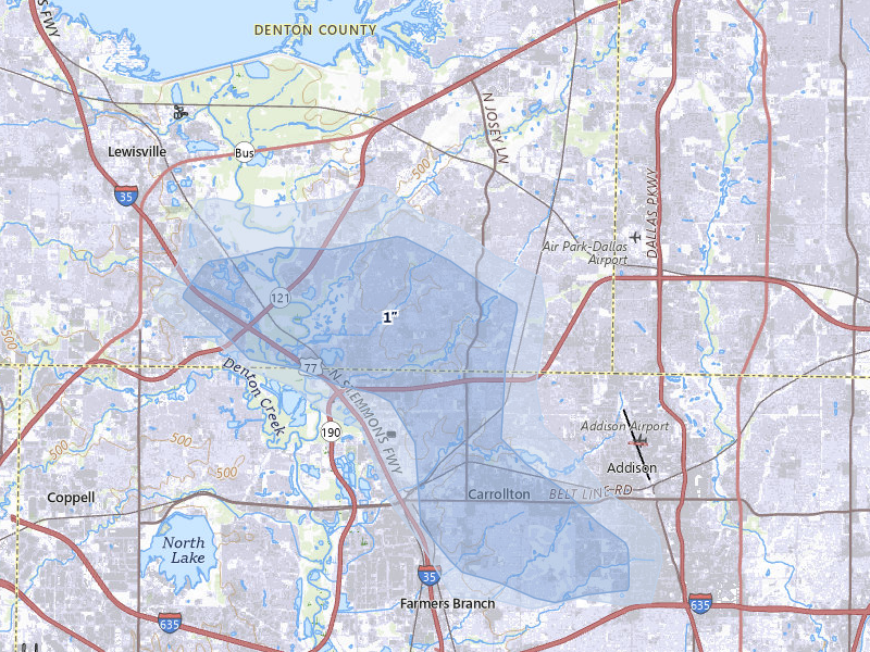 NEXRAD radar-signature map of the hail storm over Carrollton, TX on May 10, 2026