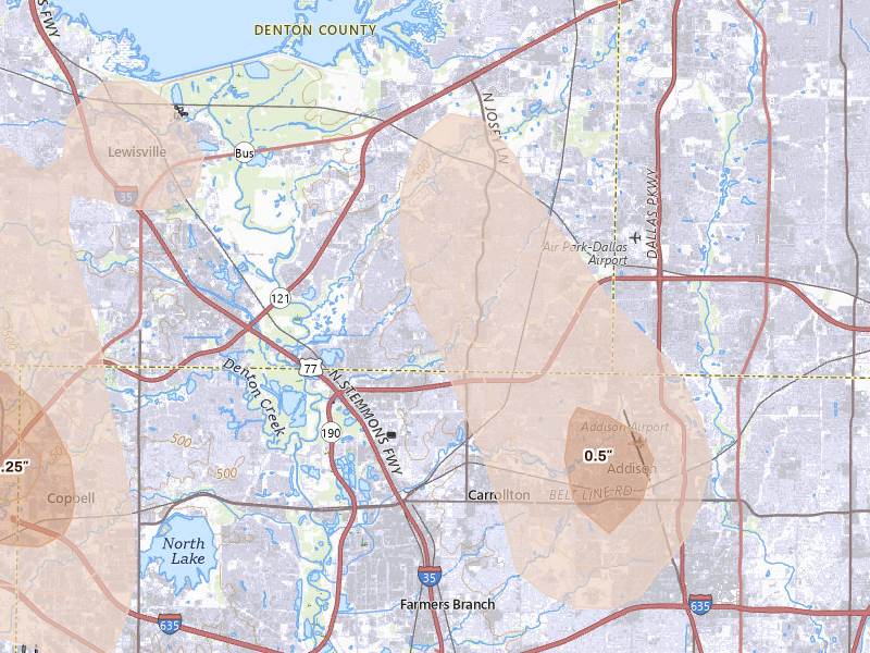 Radar-estimated hail-size map of the storm over Carrollton, TX on May 22, 2026