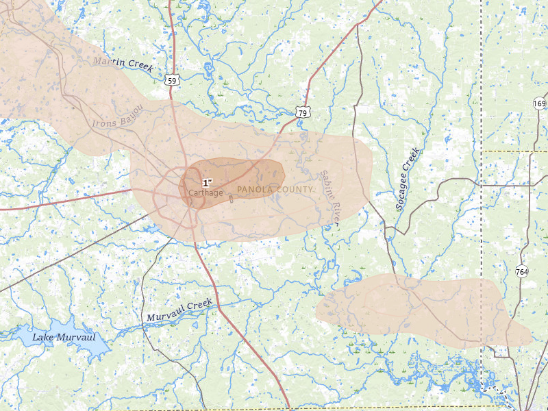Radar-estimated hail-size map of the storm over Carthage, TX on Mar 15, 2026