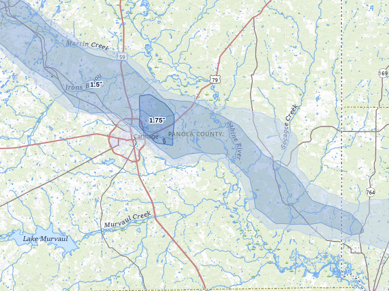 NEXRAD radar-signature map of the hail over Carthage, TX